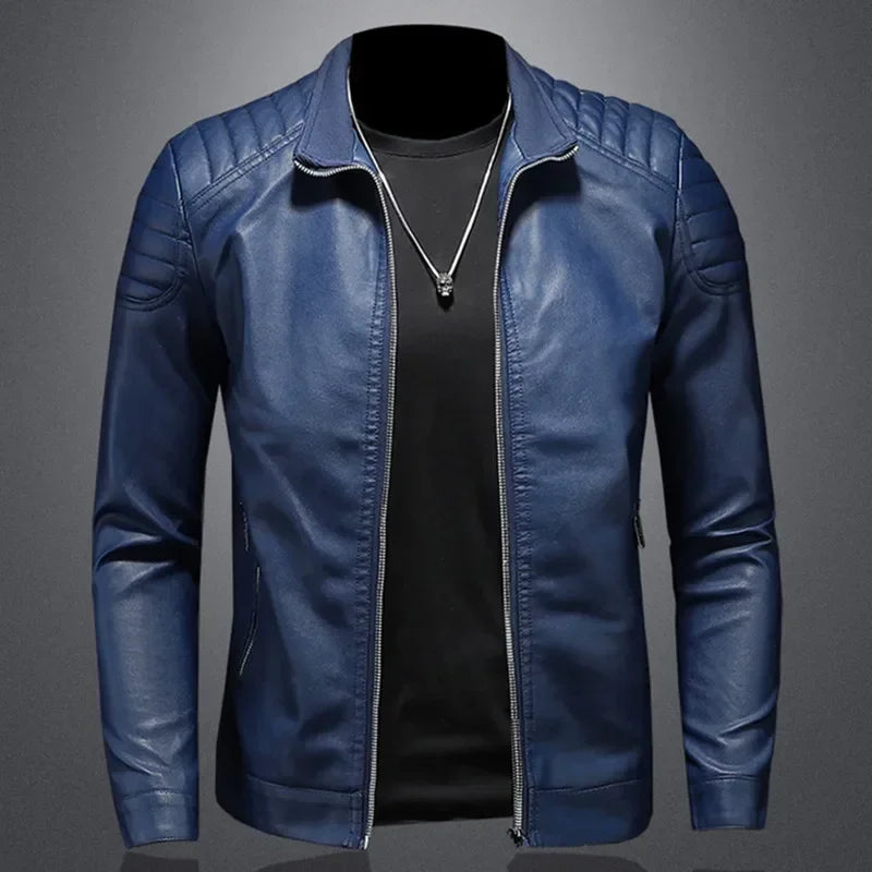 Men's Stand-Up Collar Biker Leather Jacket High Quality Casual Fashion Leather