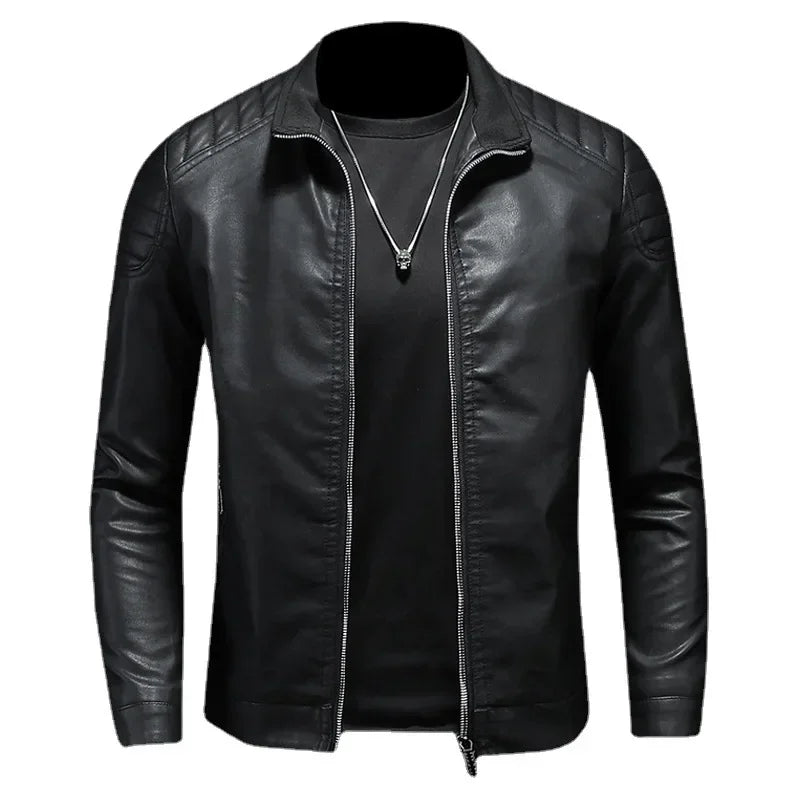 Men's Stand-Up Collar Biker Leather Jacket High Quality Casual Fashion Leather