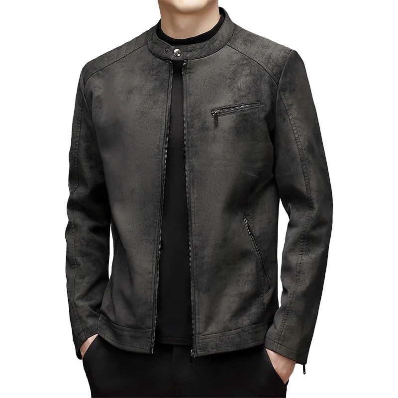 Winter Men's Leather Jacket Stand Up Collar Windproof Leather