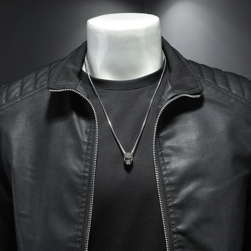 Men's Stand-Up Collar Biker Leather Jacket High Quality Casual Fashion Leather