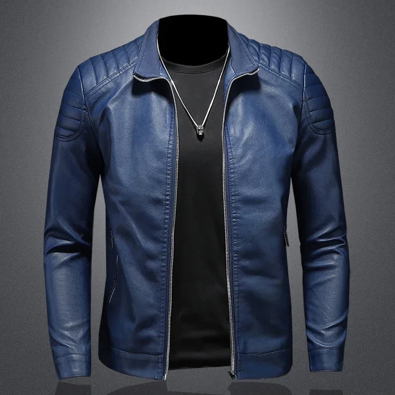 Men's Stand-Up Collar Biker Leather Jacket High Quality Casual Fashion Leather