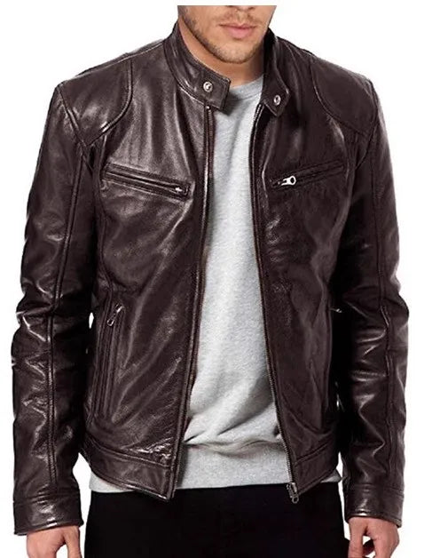 Men's Leather Jacket Men's Stand-up Collar Zipper Biker Leather Jacket Casual