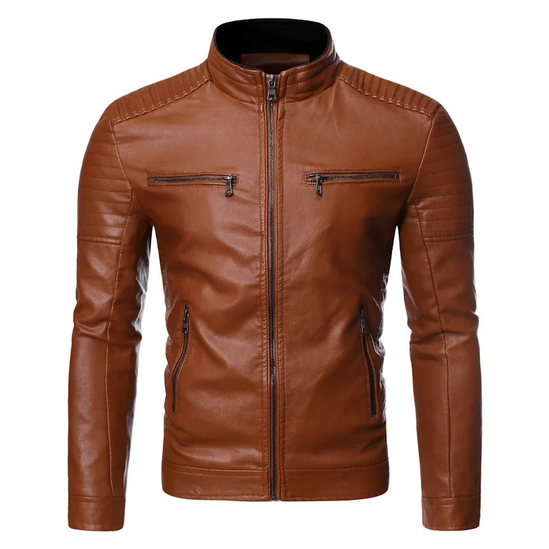 Men's Leather Jacket 2025 New Spring And Autumn Thin Style Stand Collar Striped