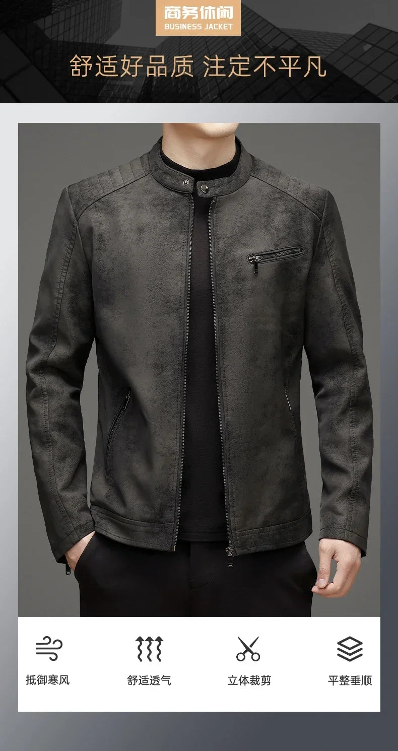 Winter Men's Leather Jacket Stand Up Collar Windproof Leather