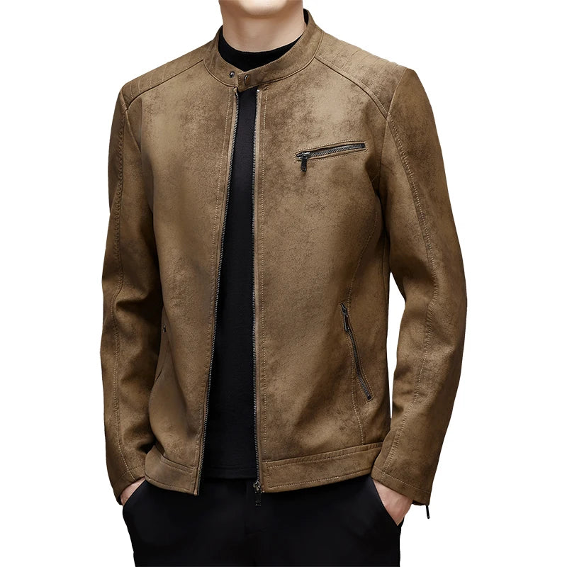 Winter Men's Leather Jacket Stand Up Collar Windproof Leather
