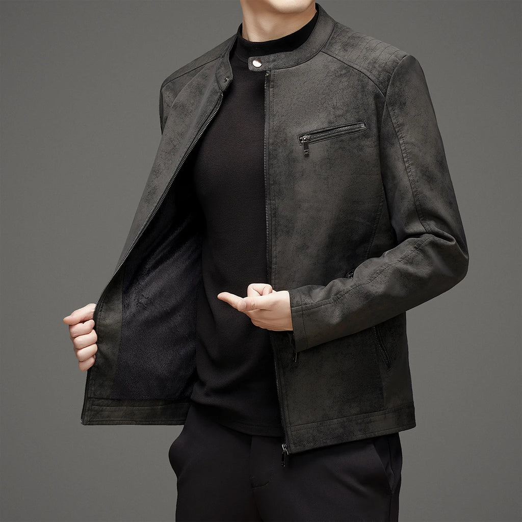 Winter Men's Leather Jacket Stand Up Collar Windproof Leather