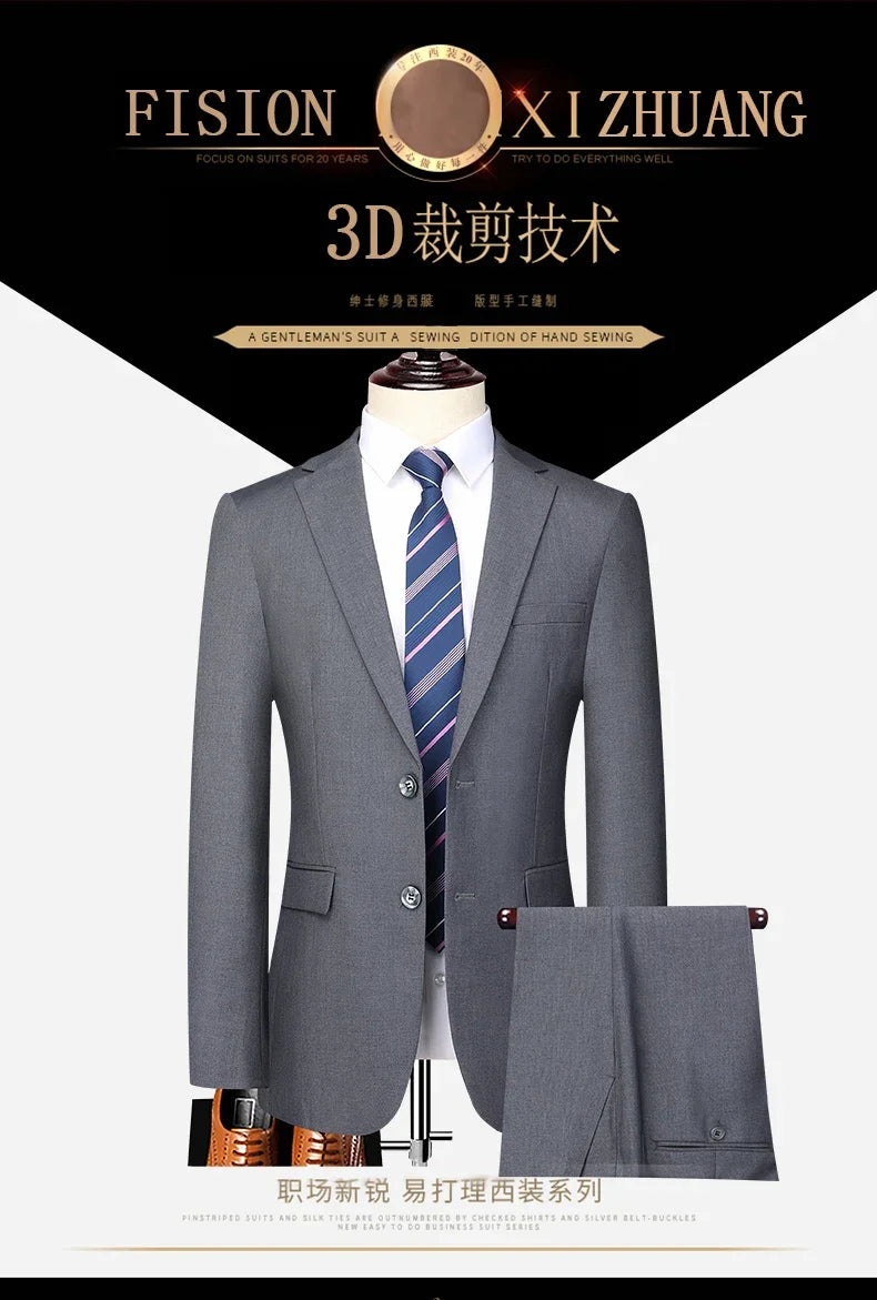 Suit (Blazer+ Pants) Men's Fashion Business Outdoor Trend Solid Color Casual Slim