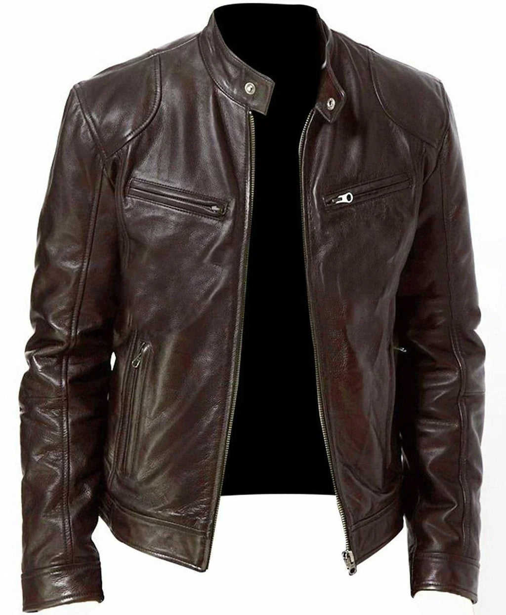 Men's Leather Jacket Men's Stand-up Collar Zipper Biker Leather Jacket Casual