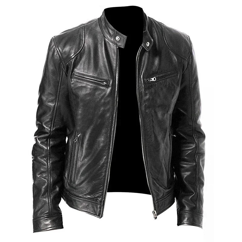 Men's Leather Jacket Men's Stand-up Collar Zipper Biker Leather Jacket Casual