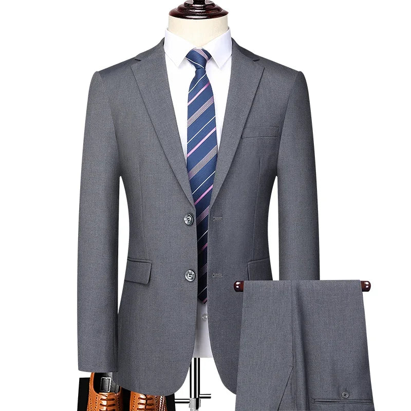 Suit (Blazer+ Pants) Men's Fashion Business Outdoor Trend Solid Color Casual Slim