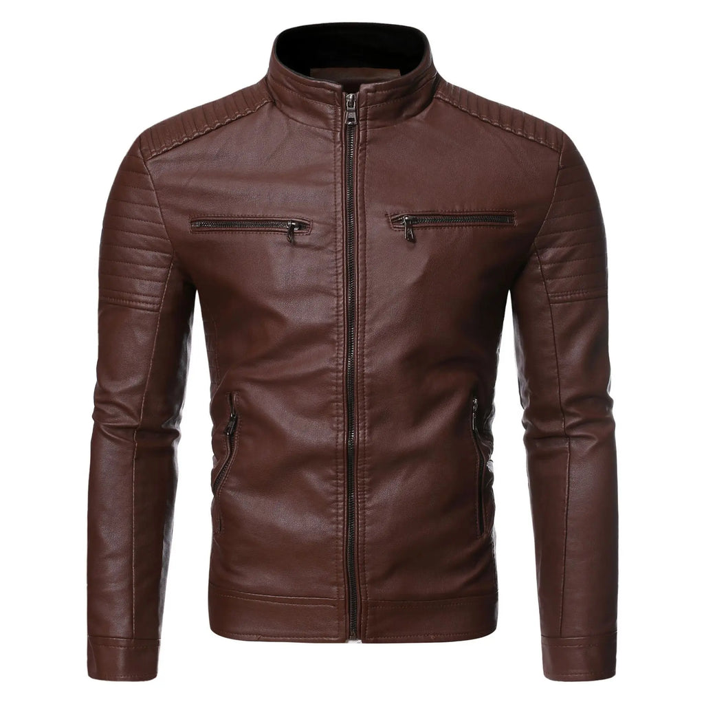 Men's Leather Jacket 2025 New Spring And Autumn Thin Style Stand Collar Striped