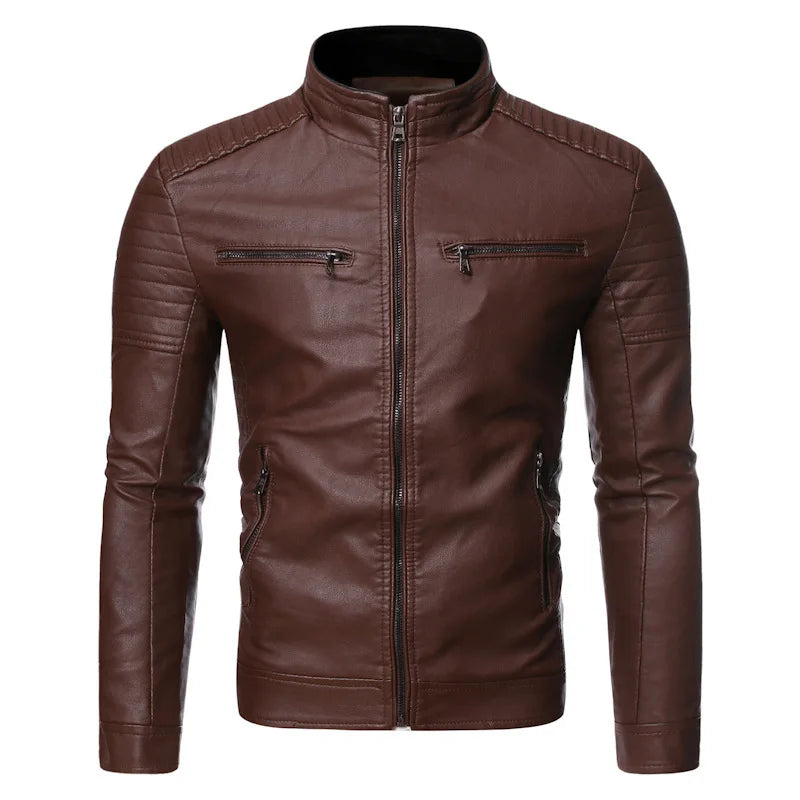 Men's Leather Jacket 2025 New Spring And Autumn Thin Style Stand Collar Striped