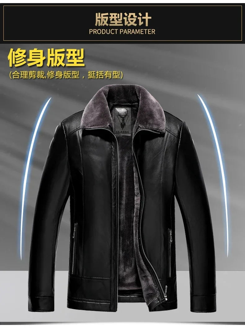 Leather Jacket Men Winter Fleece Warm Motorcycle Coats Mens Fashion New Biker