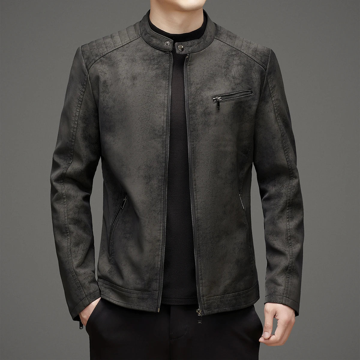 Winter Men's Leather Jacket Stand Up Collar Windproof Leather