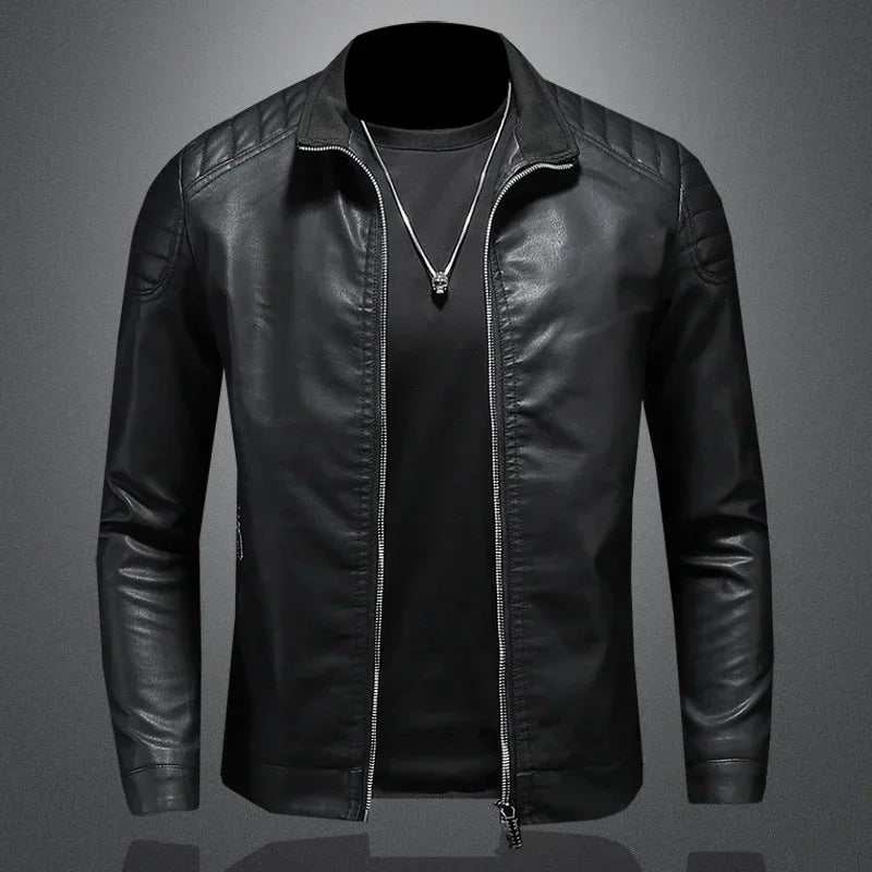 Men's Stand-Up Collar Biker Leather Jacket High Quality Casual Fashion Leather