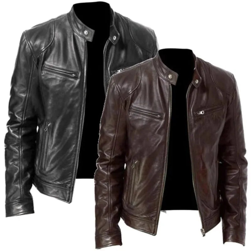 Men's Leather Jacket Men's Stand-up Collar Zipper Biker Leather Jacket Casual