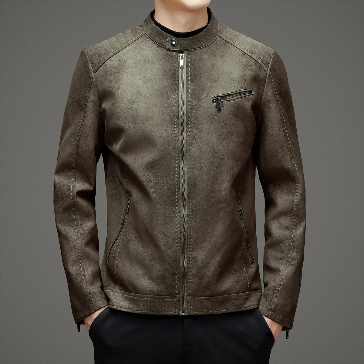 Winter Men's Leather Jacket Stand Up Collar Windproof Leather