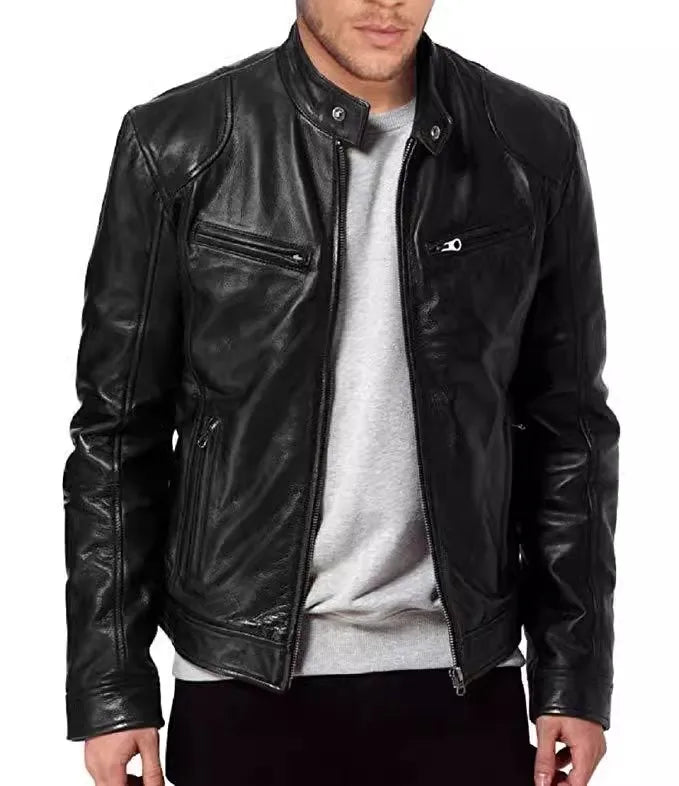 Men's Leather Jacket Men's Stand-up Collar Zipper Biker Leather Jacket Casual