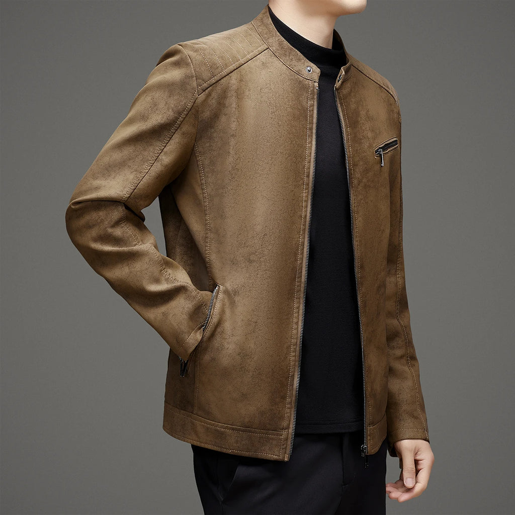 Winter Men's Leather Jacket Stand Up Collar Windproof Leather