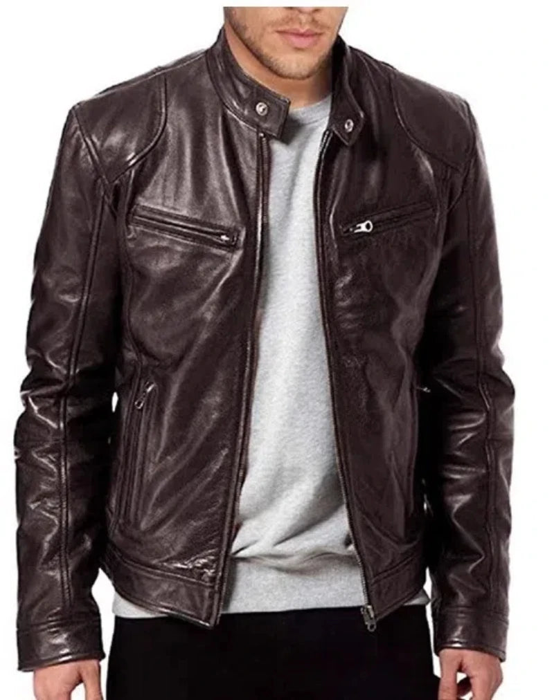 Men's Leather Jacket Men's Stand-up Collar Zipper Biker Leather Jacket Casual