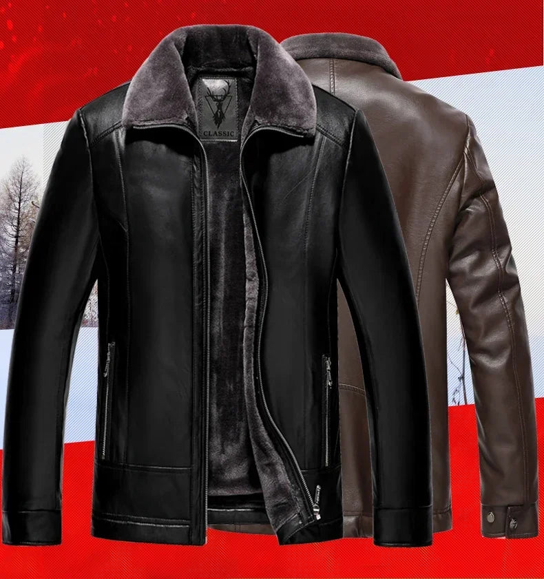 Leather Jacket Men Winter Fleece Warm Motorcycle Coats Mens Fashion New Biker