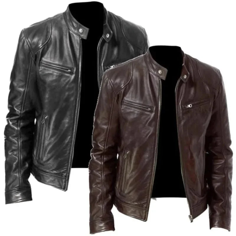 Men's Leather Jacket Men's Stand-up Collar Zipper Biker Leather Jacket Casual