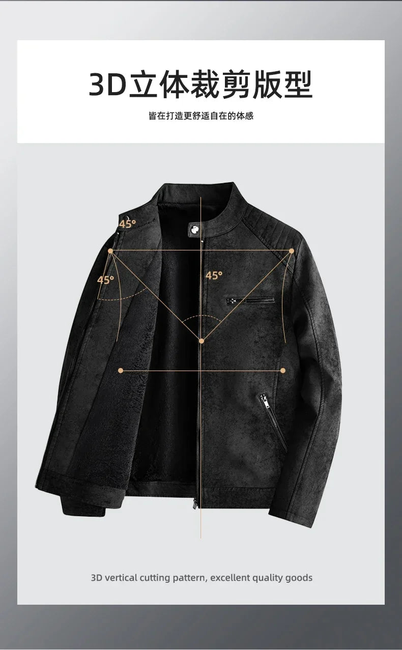 Winter Men's Leather Jacket Stand Up Collar Windproof Leather