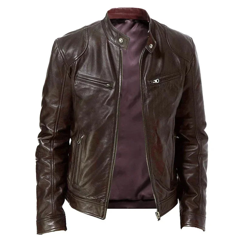Men's Leather Jacket Men's Stand-up Collar Zipper Biker Leather Jacket Casual
