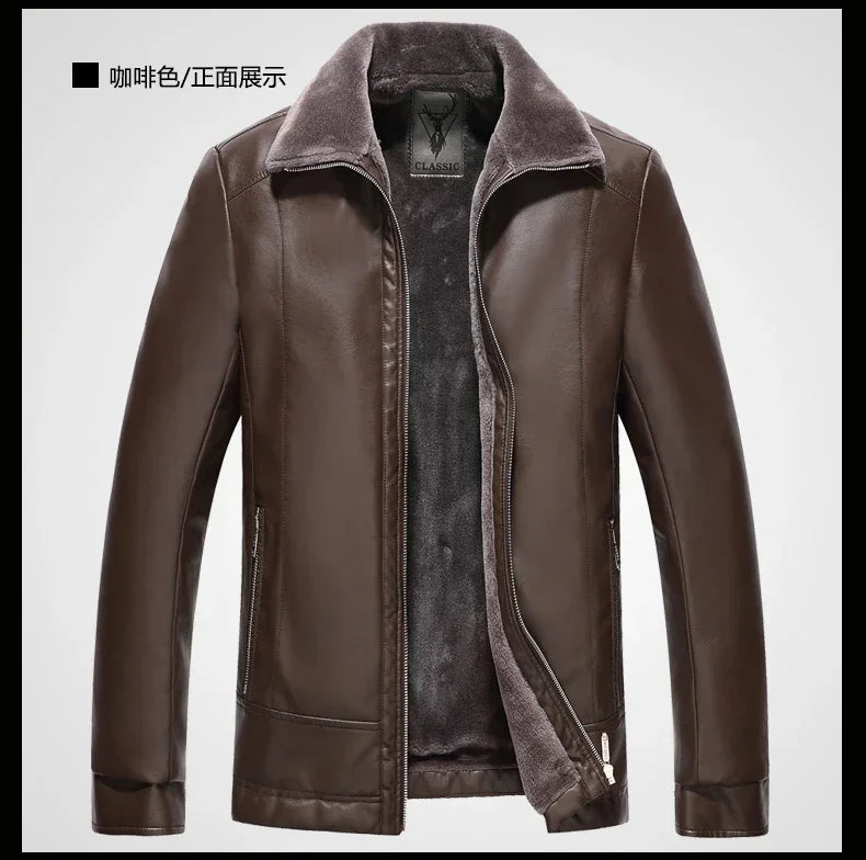 Leather Jacket Men Winter Fleece Warm Motorcycle Coats Mens Fashion New Biker