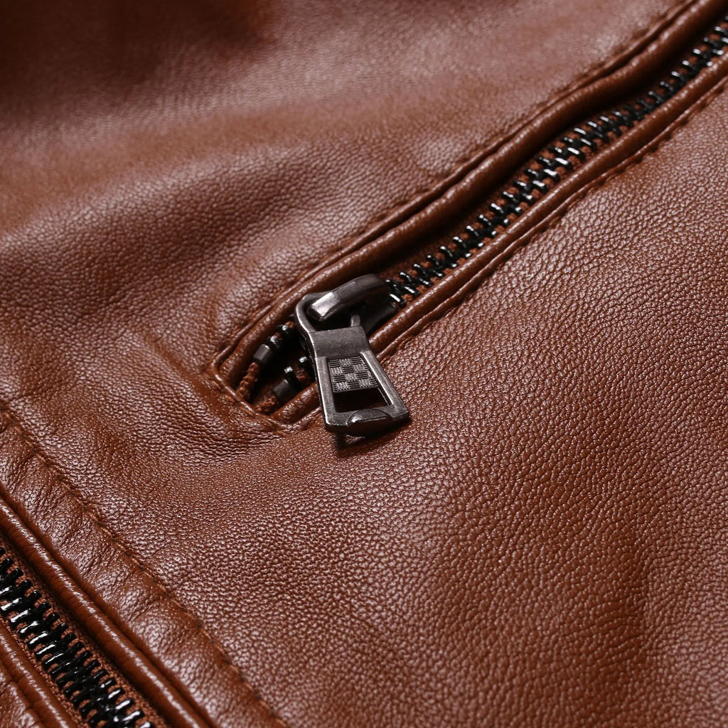 Men's Leather Jacket 2025 New Spring And Autumn Thin Style Stand Collar Striped